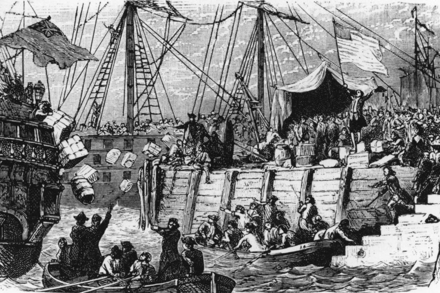 Am 16 Dezember 1773 stürmten 50 Bostoner drei Segelschiffe, die Tee geladen hatten und warfen diesen aus Protest ins Wasser.