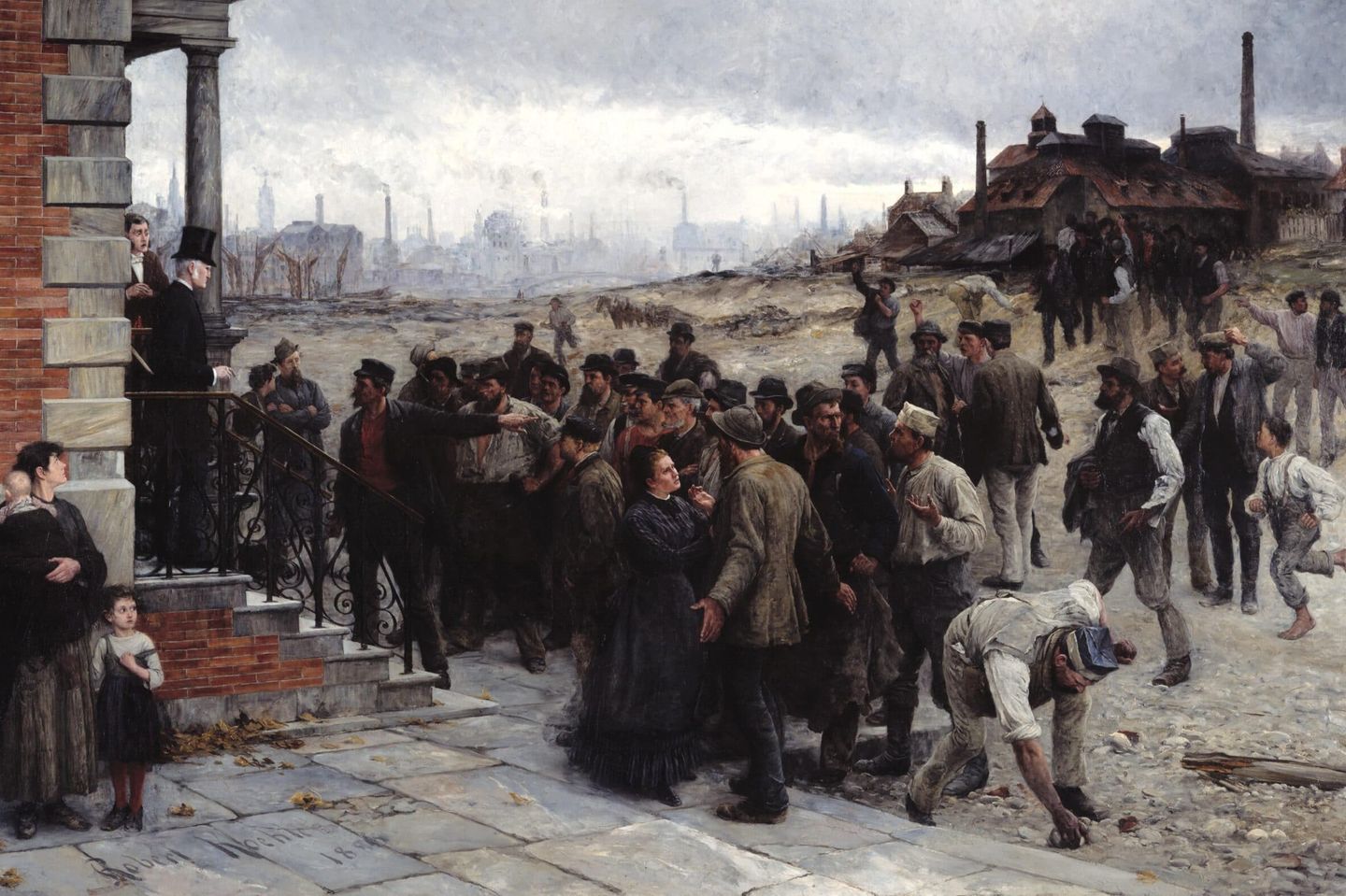 Das Gemälde „Der Streik“ des amerikanisch-deutschen Künstlers Robert Koehler zeigt die Konfrontation eines Unternehmers mit einer Gruppe im Ausstand befindlicher Arbeiter