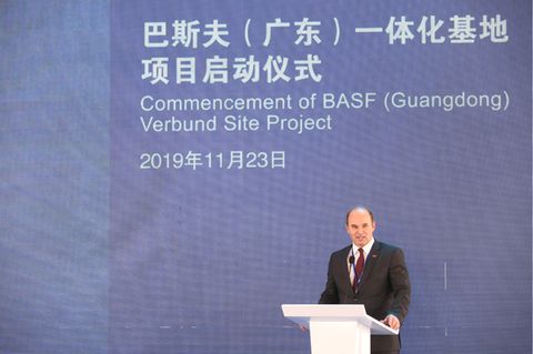 191124 -- BEIJING, Nov. 24, 2019 -- Dr. Martin Brudermuller, chairman of the board of executive directors of BASF SE, delivers a speech during the commencement of BASFGuangdong Verbund site project in Zhanjiang, south China s Guangdong Province, Nov. 23, 2019. Xinhua Headlines: BASF s new project demonstrates China s resolve to open wider LixJiale PUBLICATIONxNOTxINxCHN