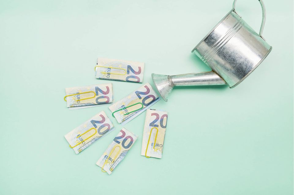 Watering can and Euro banknotes on turquoise background