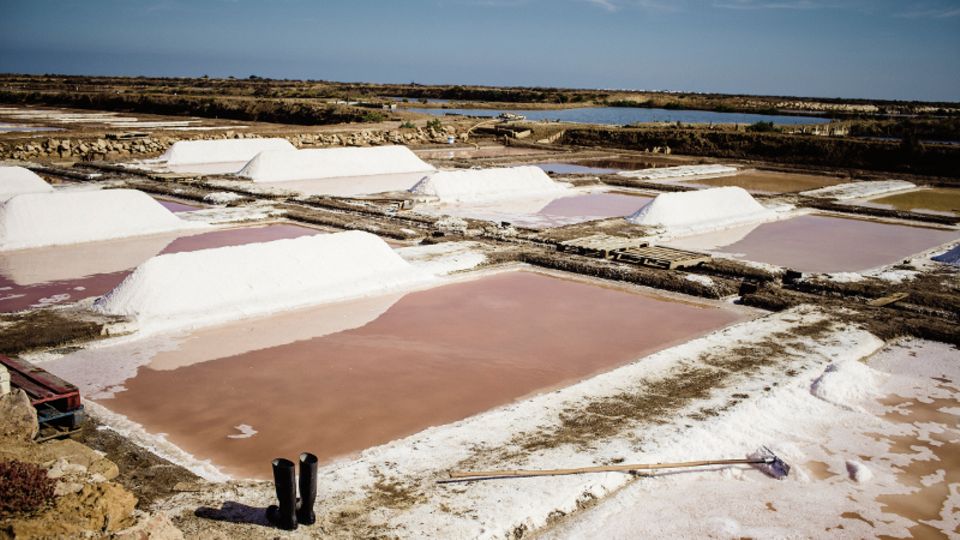 In der Grelha-Saline an der Südküste Portugals wird das Meerwasser direkt durch Kristallisationsbecken geleitet. Am Boden bildet sich eien Kruste, aus der Arbeiter mit Schabern das Salz gewinnen