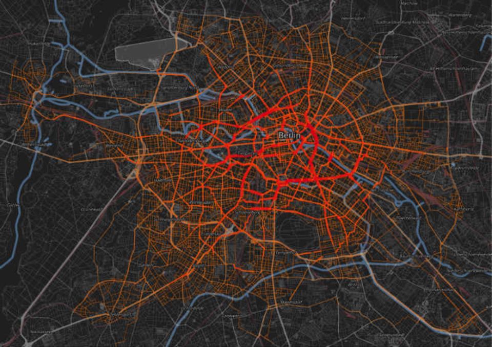 Carsharing-Fahrten in Berlin am 5.12.2015 (die Stärke der Farbe zeigt, wo am meisten Carsharing-Fahrzeuge unterwegs waren)