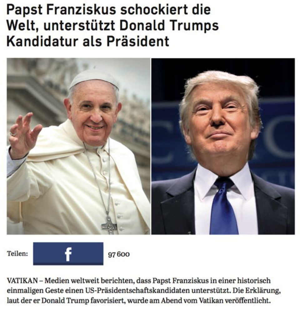 Einer der größten Coups der Fake-News-Seiten: Kurz vor der Wahl meldet „WTO 5 News“, dass der Papst sich für Trump als Präsidenten ausgesprochen habe.