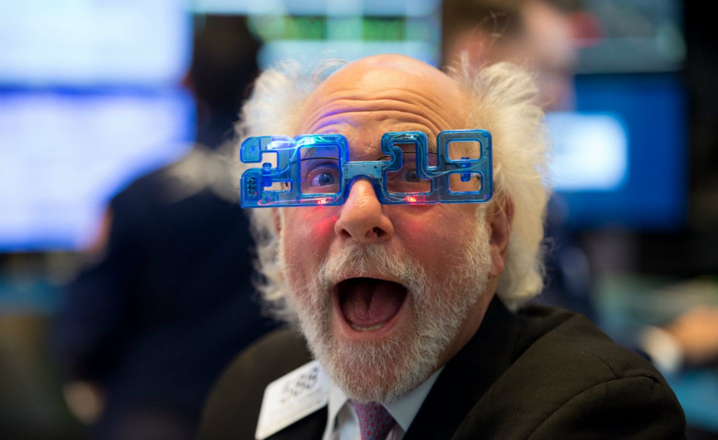 Optimismus überall: Ein New Yorker Börsenhändler mit einer Art 2018-Brille