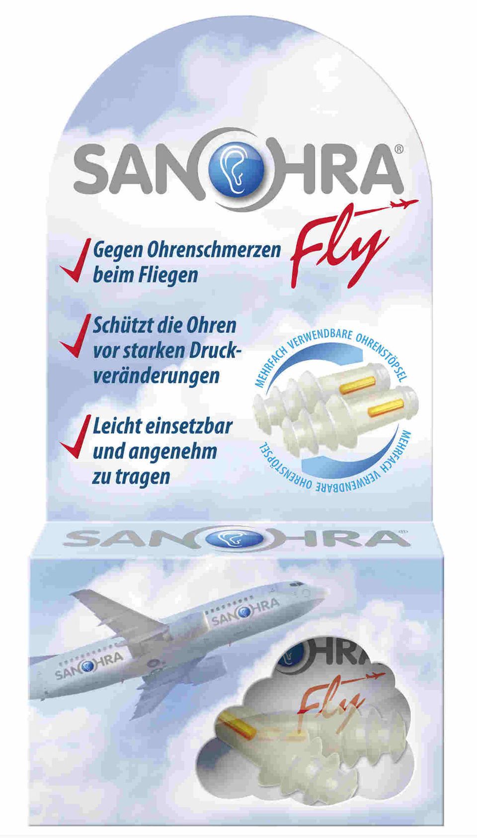 Mit den Ohrstöpseln von Sanohra müssen Sie sich nicht mehr um den nervigen Ohrendruck sorgen. Die Ohrenstöpsel sind in der Apotheke erhältlich und sorgen dafür, dass der Druck ausgeglichen wird. Kosten: 8 Euro