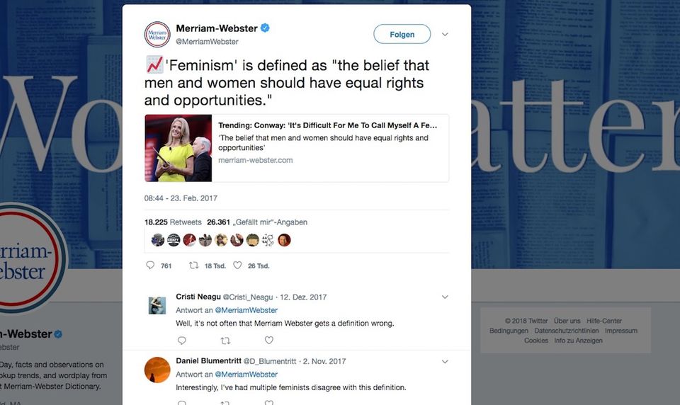 Twitter-Kampagnen: Oder klärte führende Trump-Berater auf, was komplizierte Wörter wie „Feminismus“ bedeuten. Oder klärte führende Trump-Berater auf, was komplizierte Wörter wie „Feminismus“ bedeuten.