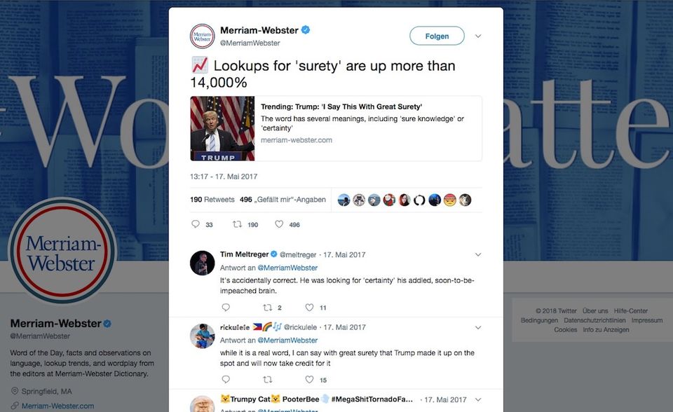 Twitter-Kampagnen: Die Redaktion teilte gern, welche Begriffe dank Trump aktuell besonders häufig auf ihrer Internetseite nachgeschlagen werden. Die Redaktion teilte gern, welche Begriffe dank Trump aktuell besonders häufig auf ihrer Internetseite nachgeschlagen werden.