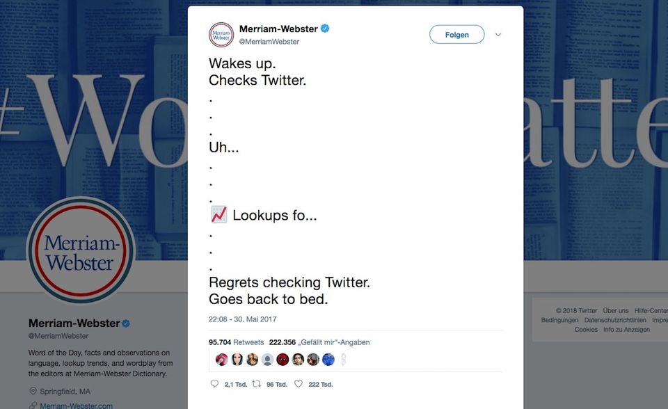 Mehr als 220.000 Likes erntete das Twitter-Team mit der Reaktion auf Trumps ominöse Wortschöpfung „covfefe“.