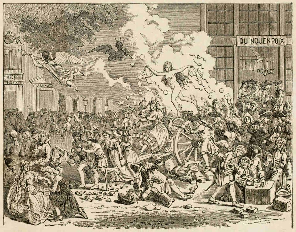Die Karikatur „Das Glück der Aktien“ von 1720: Der Mississippi, die Südsee und andere Verheißungen ziehen den Karren, auf dem Fortuna Aktien verstreut. Darüber pustet der Teufel Seifenblasen