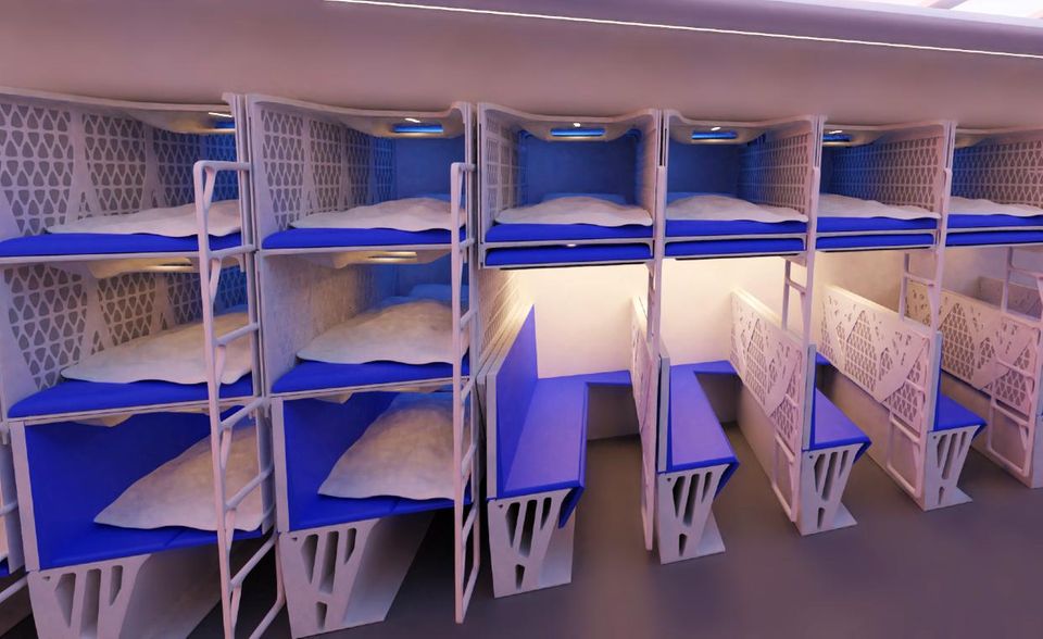 Von der Technischen Universität Delft kommt diese Idee. Ausklappbare Liegen sind bislang Reisenden ab der Business Class vorbehalten. Die Forscher aus den Niederlanden wollen das ändern. Sie arbeiten derzeit an einem Flugzeug, in dessen Flügel eine Kabine Platz hat. Die könnte Gästen der Economy Class mit verstellbaren Klappbetten auf drei Etagen echte Schlafgelegenheiten bieten. Zusammengeschoben dienen die Liegen als Bänke.