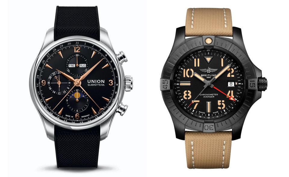 Uhr (links): Belisar Chronograph Mondphase von Union Glashuette, union-glashuette.com; Uhr (rechts): Avenger Automatic GMT 45 Night Mission von Breitling, breitling.com