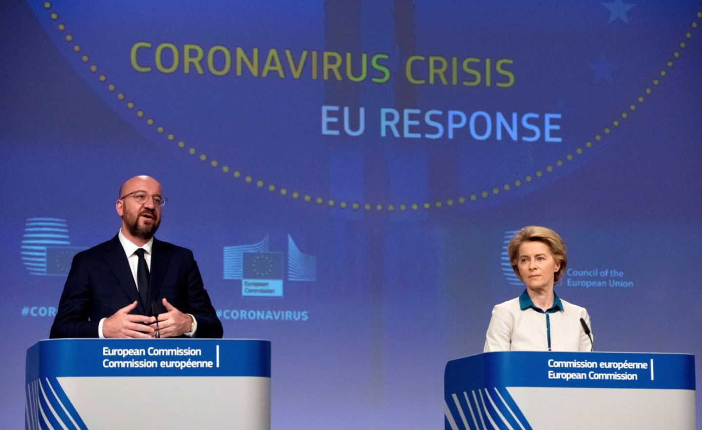 Ratspräsident Charles Michel und EU-Komissionschefin Ursula von der Leyen bei einer Pressekonferenz in Brüssel. Die EU tut sich schwer mit einer gemeinsamen Linie in der Corona-Krise