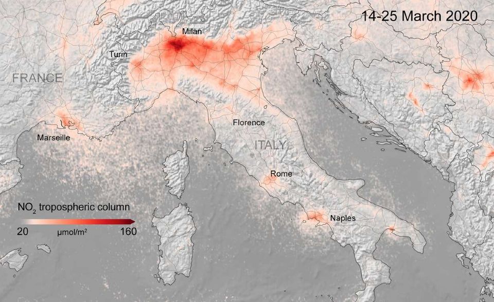 Satellitenbild der ESA vom März 2020: die Schadstoffwolken über Norditalien haben im Lockdown deutlich abgenommen.