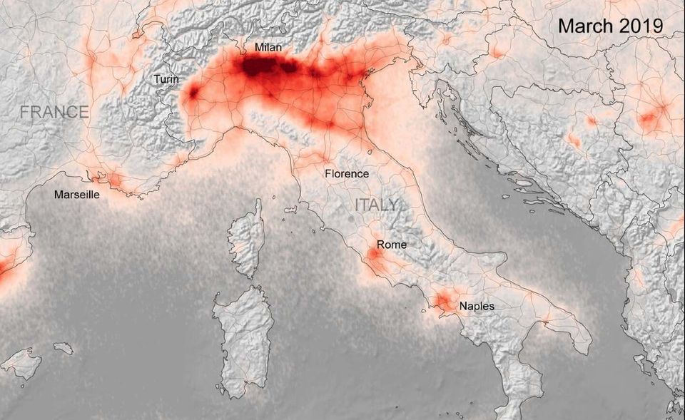 Im März 2019 aufgenommene Bilder des Satelliten "Copernicus Sentinel-5P" der europäischen Raumfahrtorganisation ESA zeigen die Schadstoffbelastung über Norditalien.