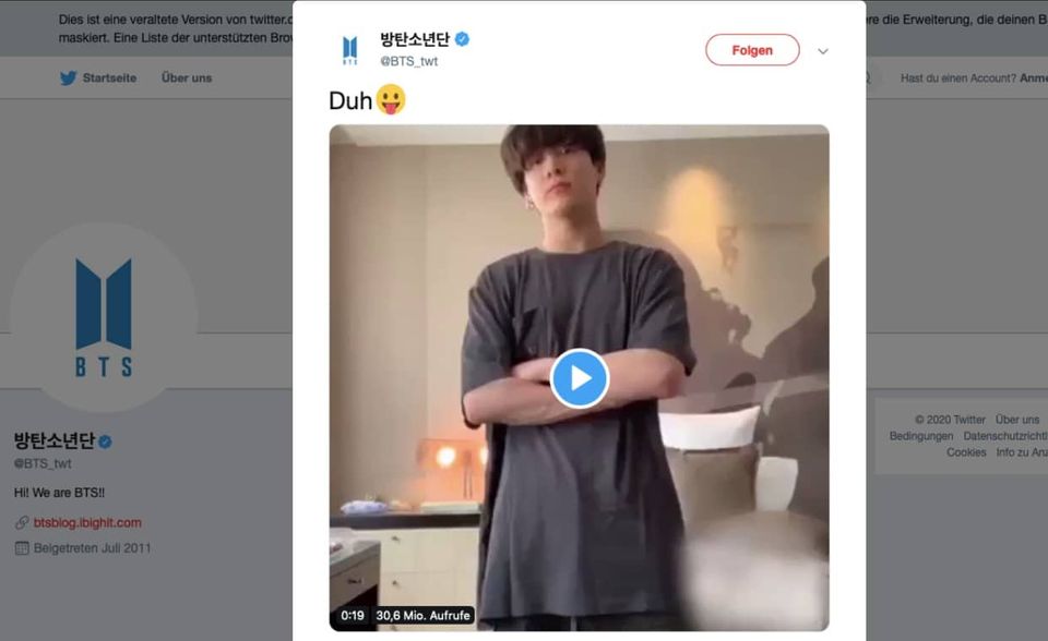 Die Anhänger der koreanischen Boyband BTS heißen nicht umsonst Armys. Die leidenschaftlichen Fans verhelfen der Gruppe regelmäßig zu Retweets-Statistiken, von denen andere Popstars nur träumen können. Kein anderer Twitter-Account hat laut der Wikipedia-Statistik auch nur annähernd so viele Einträge in den Top 30. Der meistgeteilte der sieben Tweets in der Rangliste ist Jeon Jungkooks Tanzeinlage zu Billie Eilishs Hit „Bad Guy“. Platz 13 ging an J-Hopes Beitrag zur #InMyFeelingsChallenge mit einer Million Retweets. Diese magische Marke haben laut der Wikipedia-Statistik bislang nur 14 Tweets erreicht.