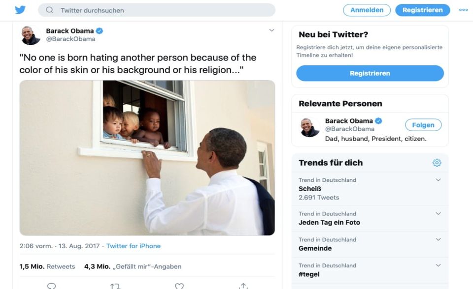 Dieser Post von Barack Obama mit einem Foto von Pete Souza traf im August 2017 einen Nerv. Der damalige US-Präsident setzte mit dem Zitat von Nelson Mandela ein Zeichen gegen Rassismus und Diskriminierung. Anlass war die rechtsextreme Demonstration in Charlottesville und der tödliche Angriff auf Gegendemonstranten. Obama liegt hinter BTS auf Platz zwei der Accounts mit den meisten Retweet-Posts. Er kommt auf drei Tweets in den Top 30.