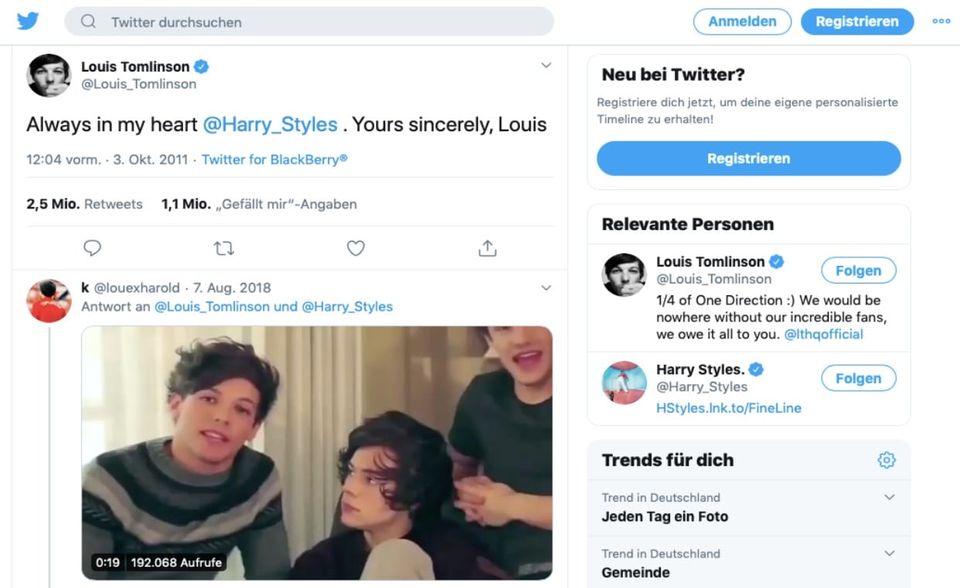 Fangemeinden sind im Twitter-Universum eine Macht. 2011 schickte Louis Tomlinson eine Botschaft an seinen One-Direction-Kollegen Harry Styles. Sie liegt aktuell an fünfter Stelle der meistgeteilten Tweets aller Zeiten.