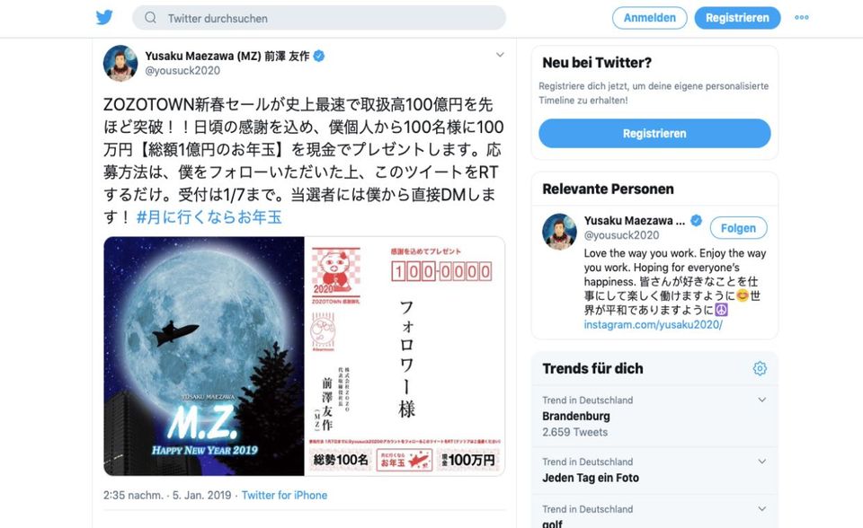 Das Erfolgsrezept „Geld gegen Retweets“ steckt auch hinter den beiden erfolgreichsten Twitter-Posts aller Zeiten. Der japanische, milliardenschwere Unternehmer Yusaku Maezawa hat sich das wirklich etwas kosten lassen. Am 5. Januar 2019 versprach er, 100 Millionen Yen (heute: rund 847.000 Euro) unter hundert Followern zu verteilen. Ein Jahr später erhöhte er die Summe auf eine Milliarde Yen für tausend Follower.