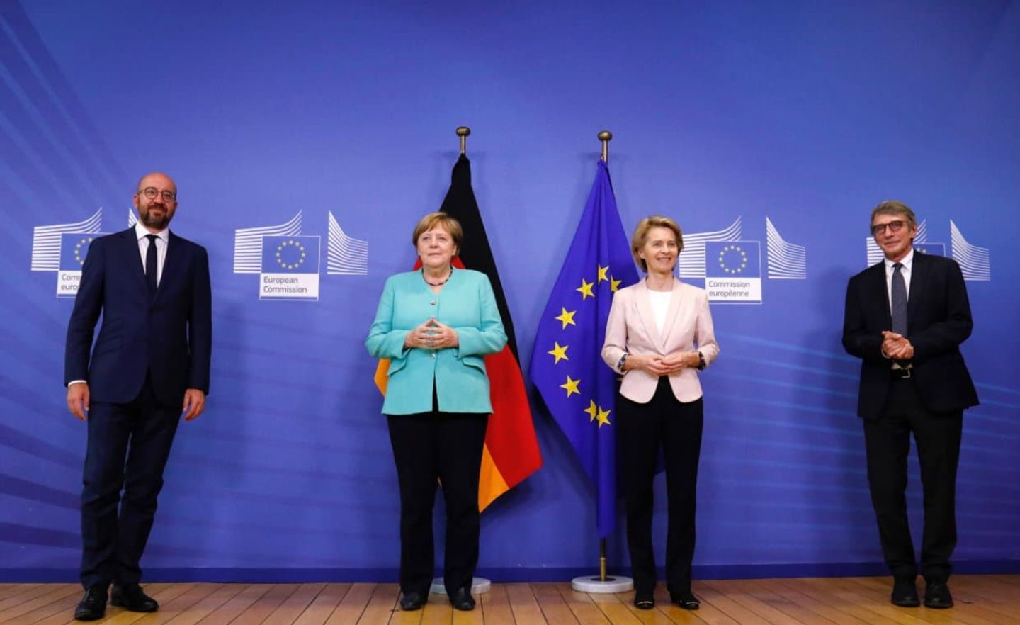 Ratspräsident Michel, Kanzlerin Merkel, Kommissionschefin von der Leyen und Parlamentspräsident Sassoli: Auf ihr Verhandlungsgeschick wird es ankommen