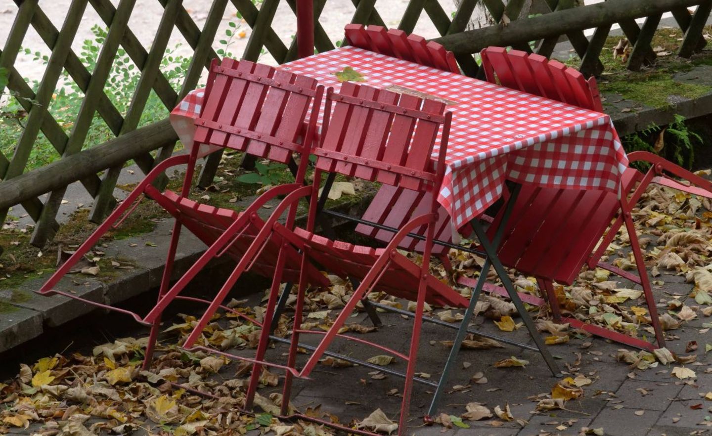 Leere Stühle an einem Tisch in der Außengastronomie. Die in Corona-Zeiten gern gewählte Bewirtung im Freien wird in dieser Jahreszeit ungemütlicher.