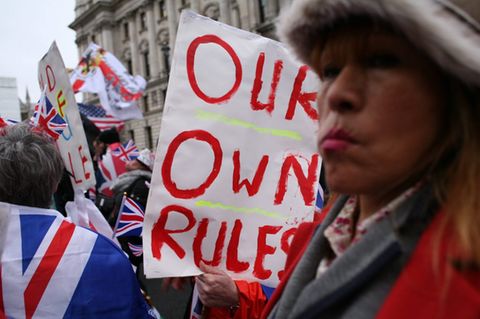 Brexit in Kraft: Ende Januar 2020 feierten Demonstranten im Londoner Regierungsviertel den Austieg aus der EU.