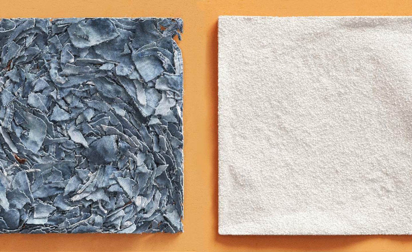 Recycling im Vergleich – links: geschredderter Jeans-Stoff, rechts: der Cellulose-Zellstoff von Renewcell