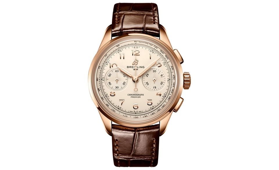 inspiriert von (Stopp-)Uhren der 1940er, COSC-zertifiziert, Rotgoldgehäuse, Durchmesser 40 mm, ca. 16 200 Euro; breitling.com