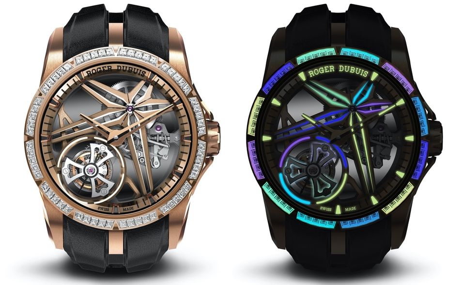 „Excalibur Glow Me Up“ von Roger Dubuis fliegendes Tourbillon, Gehäuse aus EON-Gold mit verschiedenfarbig fluoreszierenden Baguette-Diamanten, Durchmesser 42 mm, Preis auf Anfrage; rogerdubuis.com