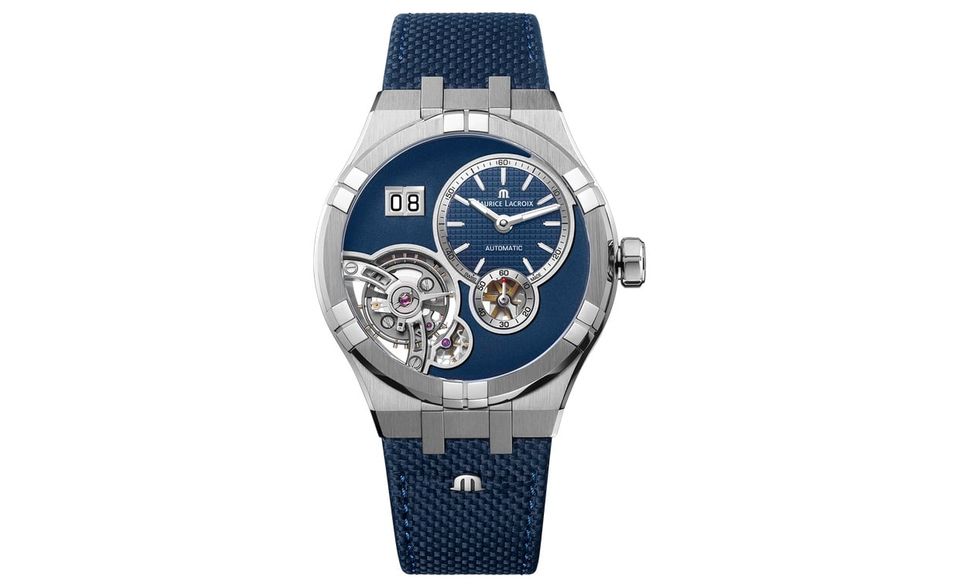 „Aikon Master Grand Date“ von Maurice Lacroix dezentral angeordnete Anzeigen, teils offen gearbeitetes Zifferblatt, Edelstahlgehäuse, Corduraband, Durchmesser 45 mm, ca. 7 500 Euro; mauricelacroix.com