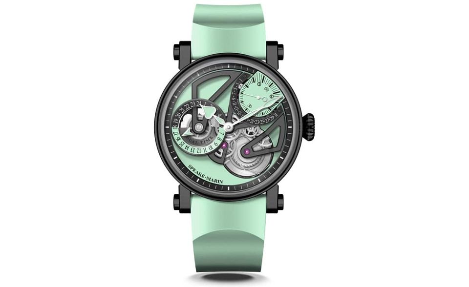 „Dual Time Mint“ von Speake-Marin offen und über mehrere Ebenen gearbeitete Konstruktion, beschichtetes Titangehäuse, Durchmesser 38 oder 42 mm, Preis auf Anfrage; speake-marin.com