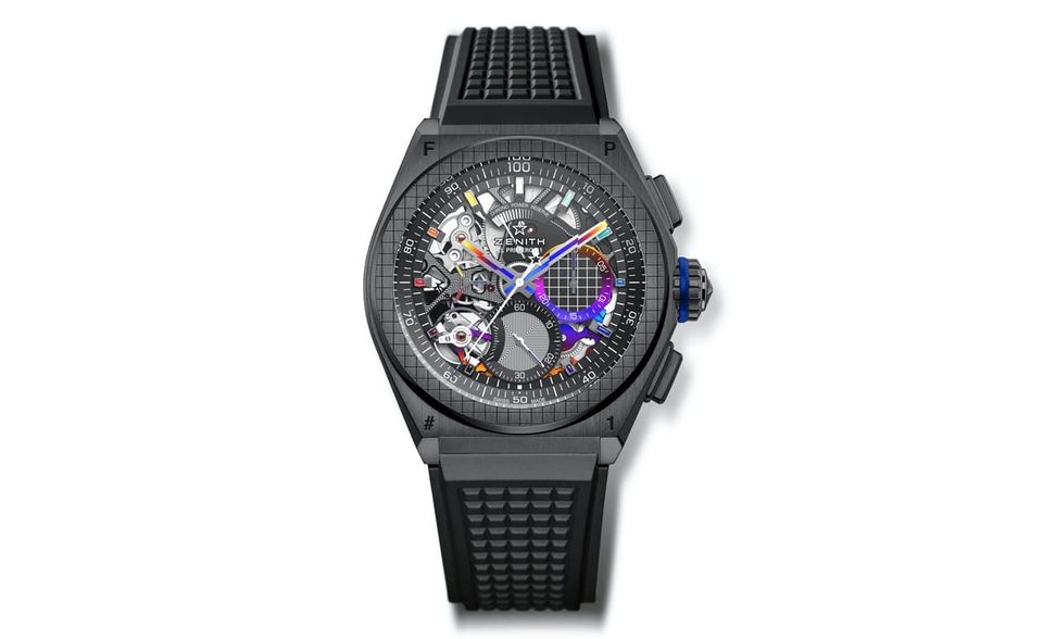„Defy El Primero 21 Felipe Pantone Edition“ von Zenith Zusammenarbeit mit dem bekannten zeitgenössischen Künstler, Werk mit Anzeige der Hundertstelsekunde, skelettiertes Zifferblatt, Keramikgehäuse, Durchmesser 44 mm, ca. 18 600 Euro; zenith-watches.com