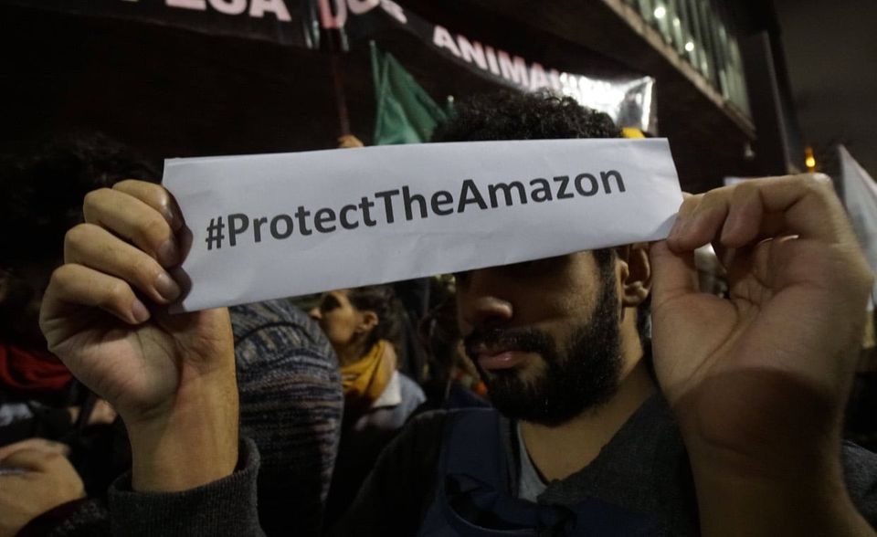In Sao Paolo demonstrieren Umweltschützer gegen die Zerstörung des Amazonas.