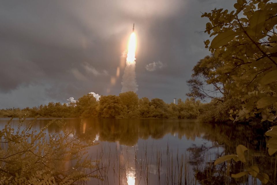 December 25, 2021, Kourou, USA: Arianespace s Ariane 5 rocket is seen in this false color infrared exposure as it launches with NASAs James Webb Space Telescope onboard, Saturday, Dec. 25, 2021, from the ELA-3 Launch Zone of Europes Spaceport at the Guiana Space Centre in Kourou, French Guiana. The James Webb Space Telescope sometimes called JWST or Webb is a large infrared telescope with a 21.3 foot 6.5 meter primary mirror. The observatory will study every phase of cosmic history from within our solar system to the most distant observable galaxies in the early universe. .Mandatory Credit: / NASA via CNP Kourou USA - ZUMAs152 20211225_zaa_s152_008 Copyright: xBillxIngallsx