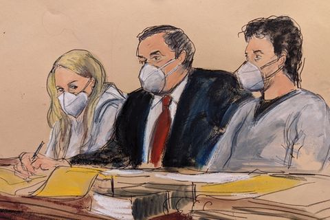 Gerichtsskizze von Heather Morgan und ihrem Ehemann Ilya „Dutch“ Lichtenstein bei der Verhandlung vor dem Bundesgericht am 8. Februar