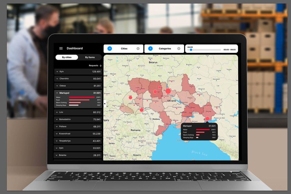 Wir machen was: Heatmap: Diese symbolische Übersichtskarte aus der Testphase der Notfall-App "UGT Request" zeigt, wie der Bedarf an Hilfsgütern angezeigt werden kann