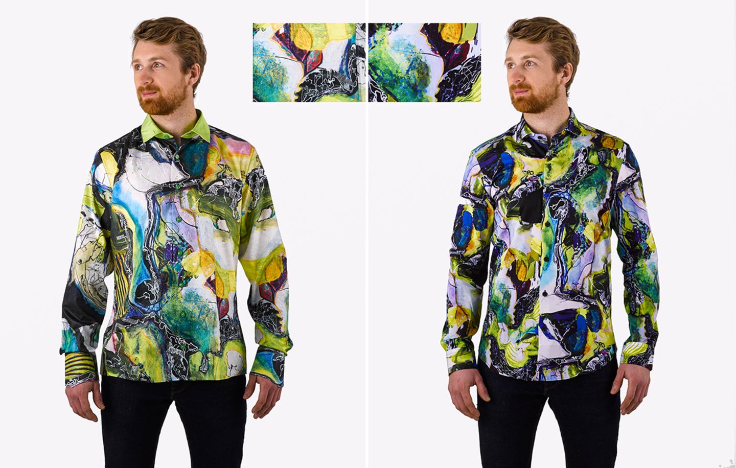 „Germens“ Künstlerhemd „ALNUSO“ (Germens Artfashion - Markeking GmbH)  „Germens-Hemden stehen für hochwertige Stoffe und ausgefallene, von Künstlern entworfene Designs. Beim gezeigten – und vielen weiteren Gabano-Plagiaten – wurden Farben, und die den Gesamteindruck prägenden Kunst-Motive, nahezu 1:1 übernommen, lediglich Anordnung und winzige Details wurden verändert, bzw. die Ansicht gedreht. Die deutsche Website von Gabano ist englisch-sprachig und enthält kein Impressum. Auch die auf Facebook genannte Adresse ist nicht erreichbar. Trendige Schlagwort-Buttons wie ‚Design-Prozess‘ und ‚Nachhaltige Produktion‘ führen ins Leere. Ein deutscher Online-Händler bot das Plagiat für ein Siebtel des Originals an. Er hat eine Unterlassungserklärung unterschrieben.“ (Links das Original, rechts die Fälschung)