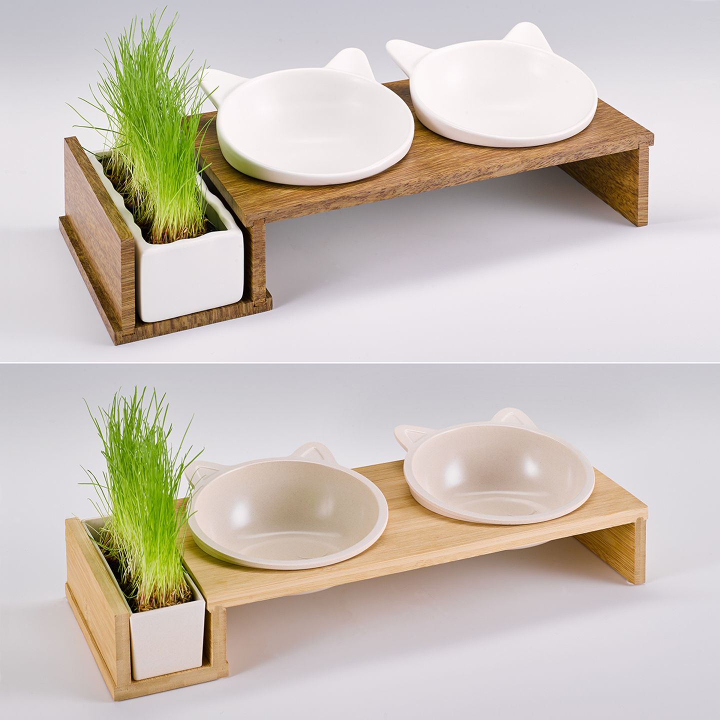 CanadianCat-Futterbar „Cat Diner“ (Wagner Pet Products Group)  „Das Original: Pfiffiges (geschütztes) Design, gut durchdachte Ergonomie, hochwertige Anmutung. Idee, Formen, Farben und Anordnung der Elemente wurden nahezu 1:1 übernommen. Der billige Preis, ein Fünftel des Originals, zeigt sich bei Materialien und Feinkonstruktion. Die Futterschalen sind beim Plagiat nicht aus form- und hitzebeständiger Keramik, sondern aus billigem Plastik. Die Schalen sitzen nicht stabil in der Aussparung, d.h. beim Fressen rutschen sie unkontrolliert und laut scheppernd hin und her. Aufgrund der eindeutigen Designverletzung und im Sinne einer schnellen, unbürokratischen Einigung war der Lieferant / Themen-Promotor des deutschen Discounters zu einer außergerichtlichen, gütlichen Beilegung des Falls bereit.“ (Oben das Original, unten das Plagiat)