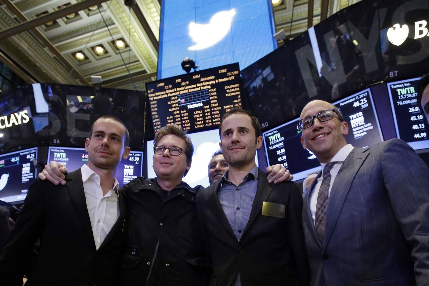 Die Twitter-Gründer Jack Dorsey, Biz Stone und Evan Williams mit dem ehemaligen CEO Dick Costolo