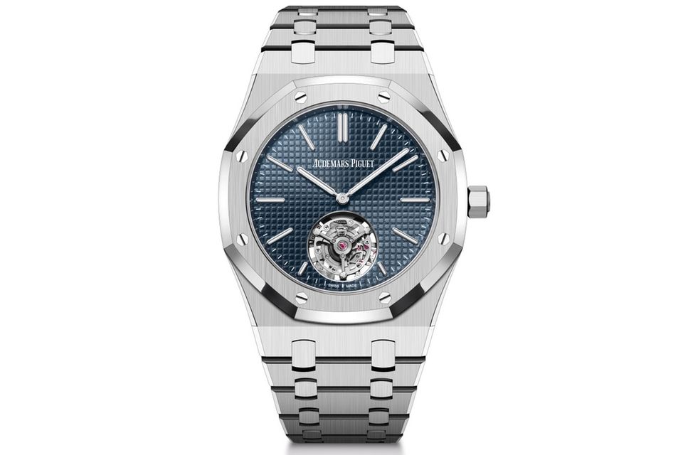 „Royal Oak Fliegendes Tourbillon Automatik Extraflach 'RD#3'“; Zifferblatt mit „Petite Tapisserie“-Motiv in Blau; Edelstahlgehäuse mit geringer Höhe von 8,1 mm; bis 50 m wasserdicht; Durchmesser: 39 mm; Preis auf Anfrage
