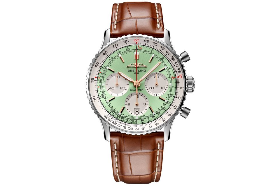 „Navitimer B01 Chronograph 41“; behutsam überarbeitete Neuauflage eines Modells von 1952; Werkkaliber Breitling 01 mit 70 Stunden Gangreserve; Edelstahlgehäuse; Handaufzug; Durchmesser: 41 mm; circa 8300 Euro