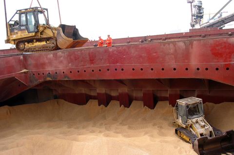 Am Hafen von Rotterdam wird ein Weizenfrachter beladen
