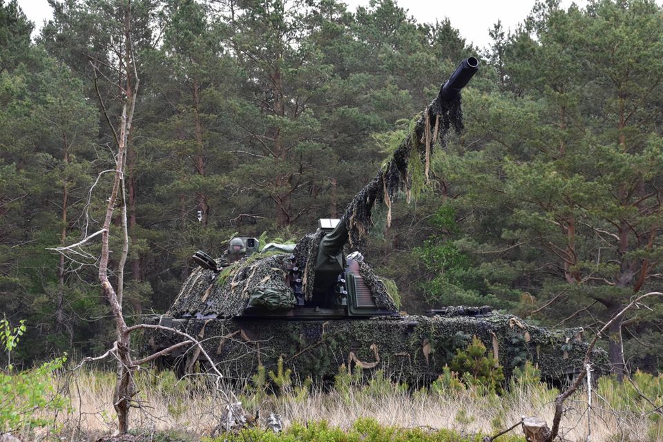 Eine Panzerhaubitze 2000 steht getarnt im Wald