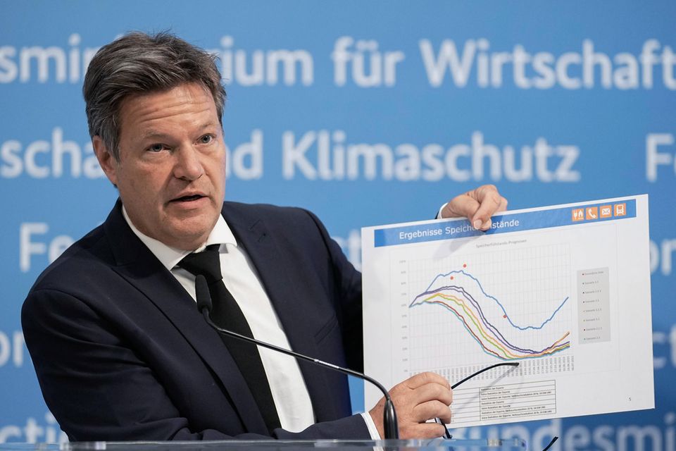 Robert Habeck zeigt auf einem Schaubild die Szenarien für die Gasversorgung