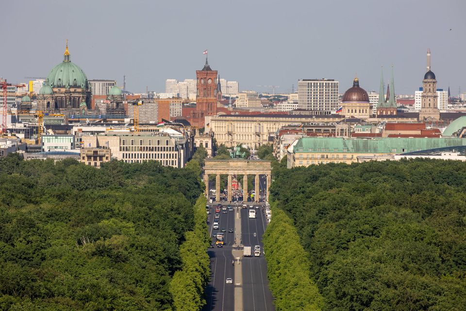Blick über den Berliner Tiergarten mit dem Berliner Dom, dem Brandenburger Tor und dem Roten Rathaus im Hintergrund