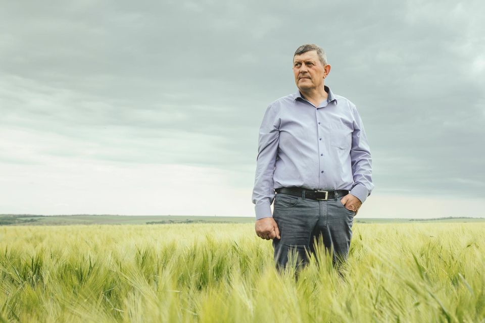 Juryj Jalowtschuk steht in einem seiner Gerstenfelder