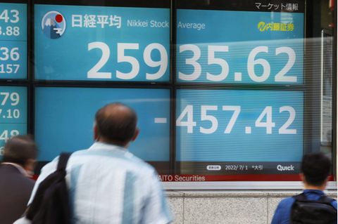 Ein Bildschirm in Tokio zeigt, dass der 225 Werte umfassende Nikkei Stock Average um mehr als 450 Punkte gefallen ist