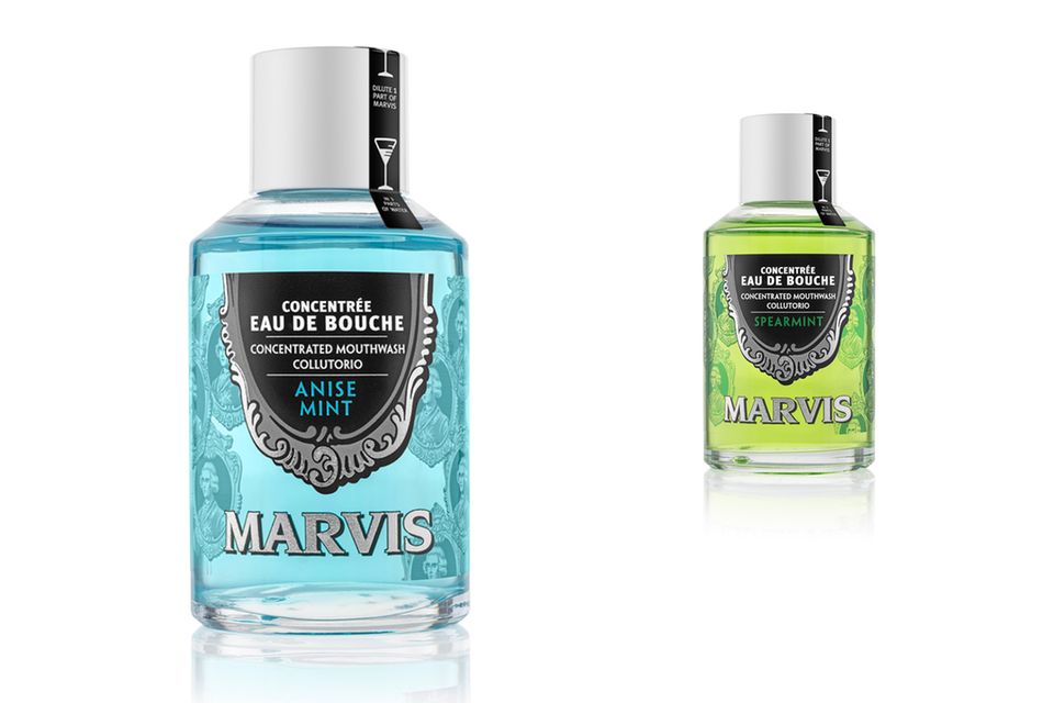 Atemfrische im Retro-Look: Mundwasserkonzentrat von Marvis in den Geschmacksrichtungen „Anis-Minze“ oder „Spearmint“; z. B. über douglas.de