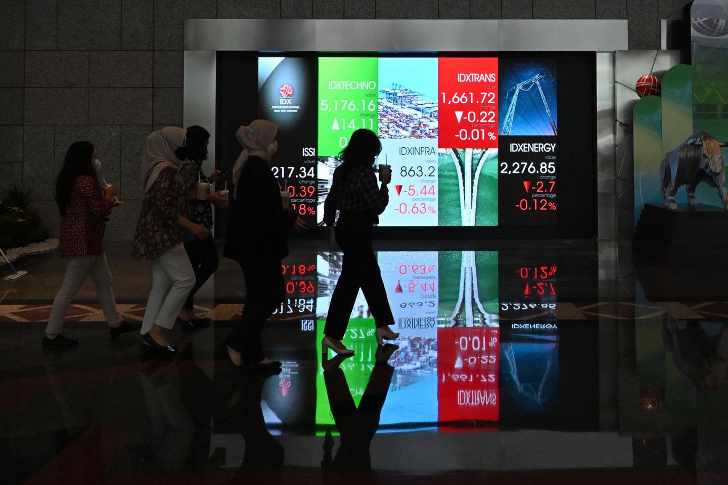 Menschen gehen an einem Bildschirm an der indonesischen Börse vorbei