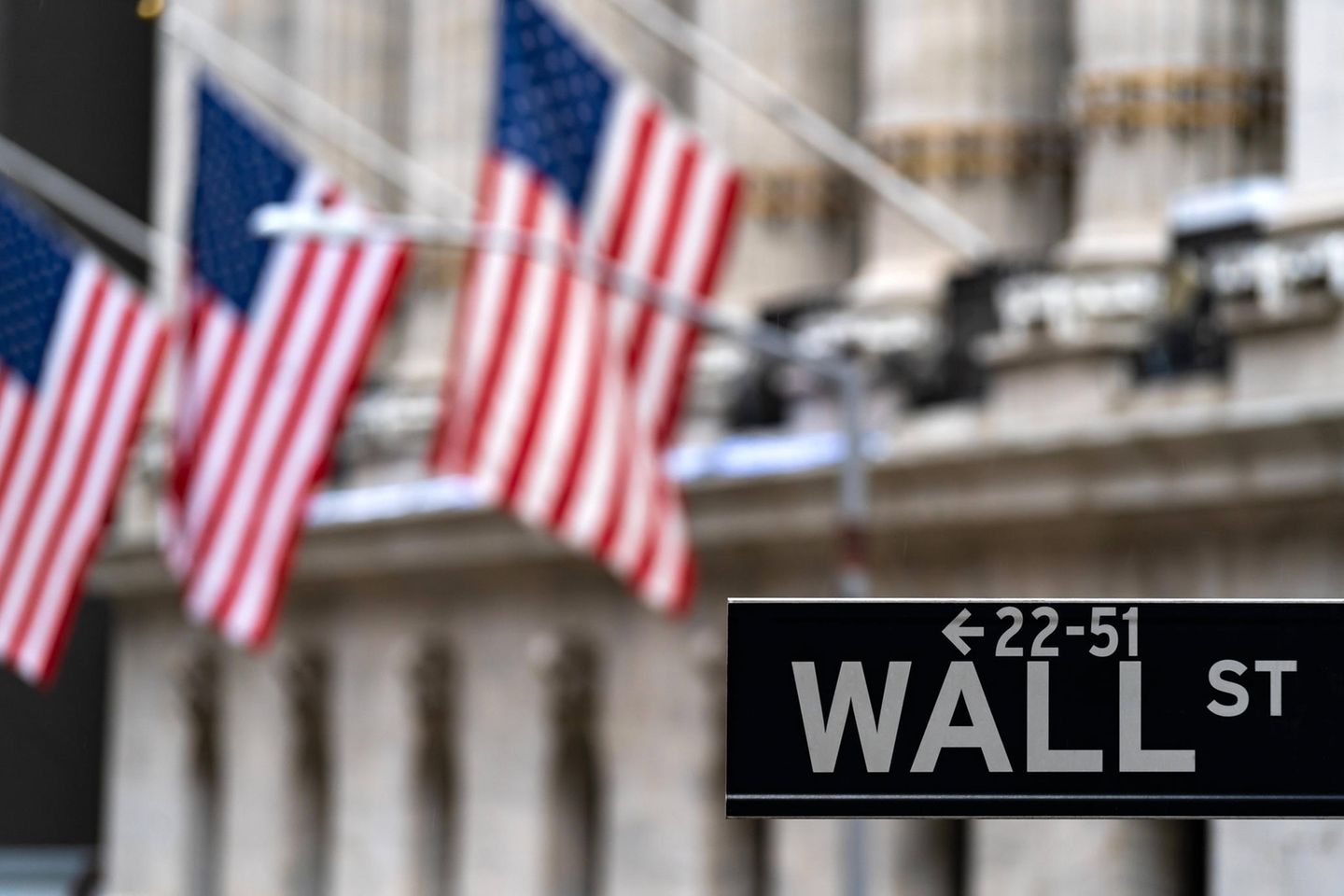Wall Street Straßenschild mit der New Yorker Börse im Hintergrund
