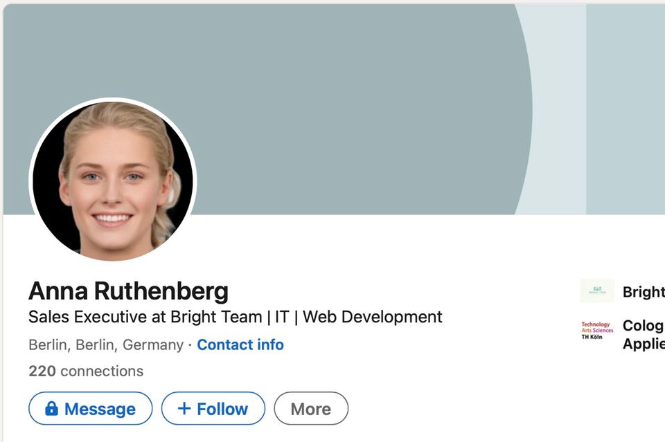 Linkedin-Profil von Anna Ruthenberg mit einem KI-generierten Profilbild